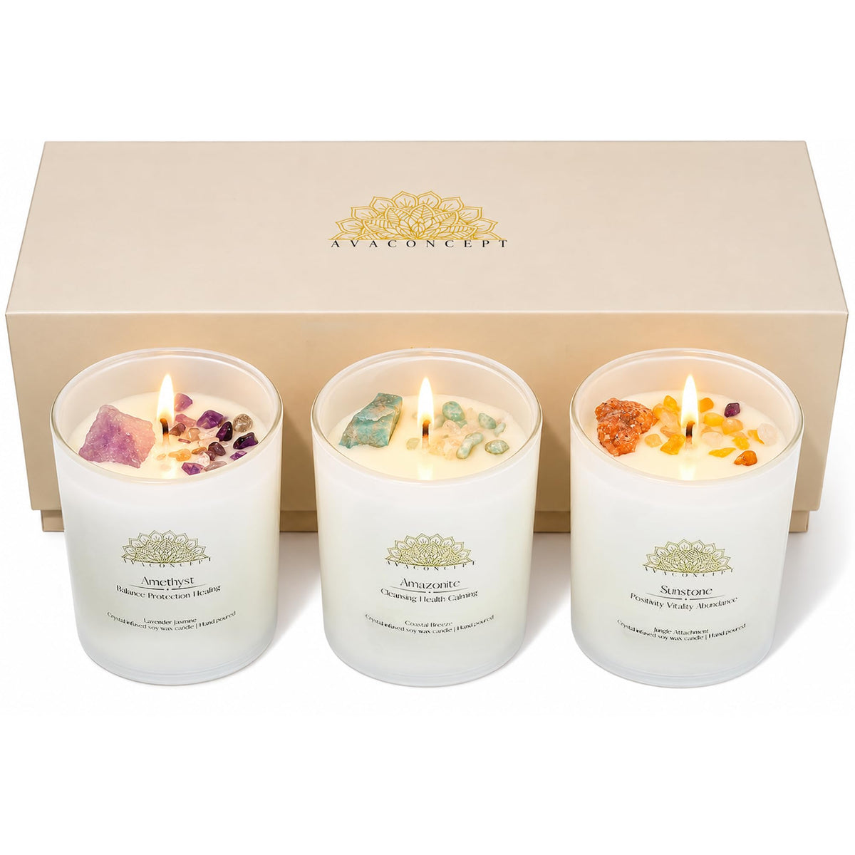 AvaConcept Healing Crystal Candle Gift Set – Set of 3 Amethyst, Amazonite