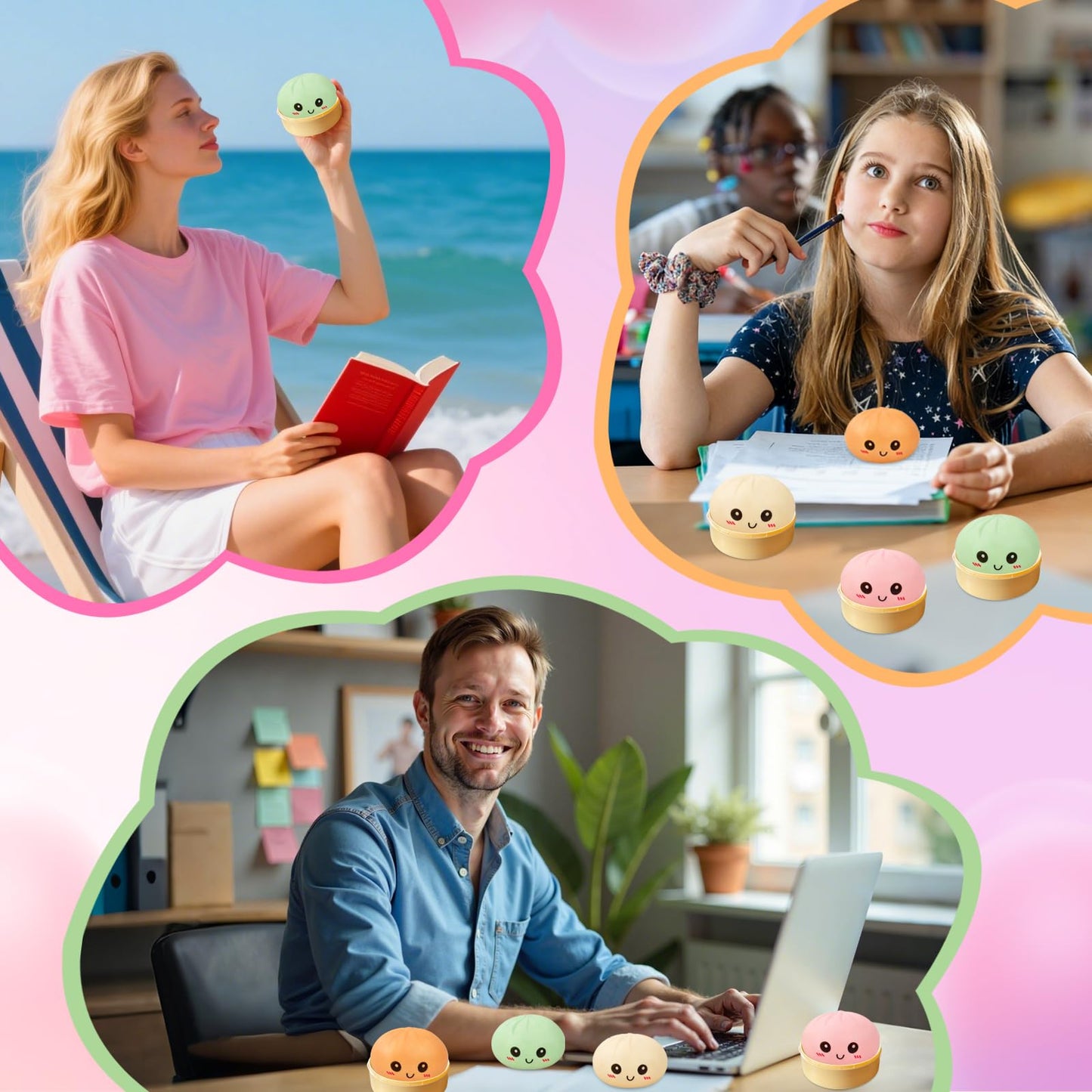 4 Pack Dumpling Squishies, Colorful Dumplings Stress Balls Fidget with Mystery Box Easter Basket Stuffers Stocking Stuffers with Food Steamer Stretchy