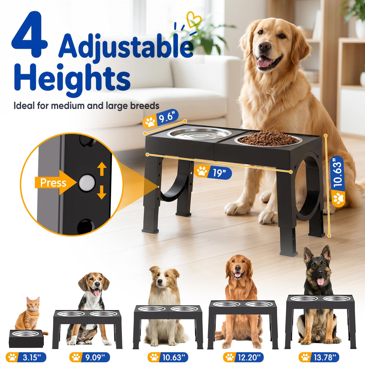 XIAZ Elevated Dog Bowls Large Breed Raised Dogs Bowl Stand Large/Medium Sized Dog Stainless Steel Food Water Bowl Stands 5 Heights Adjustable 9/11/12/14in Black Pet Feeder Dish Station