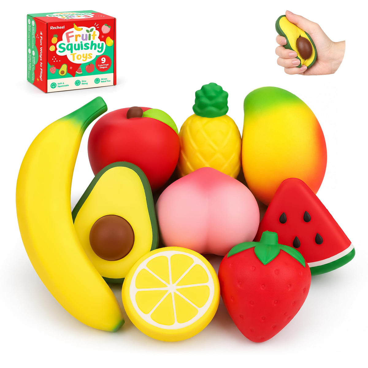 Recheel 9 Pack Slow Rising Squishy Toys, Soft Fruit Foam Squishies Set