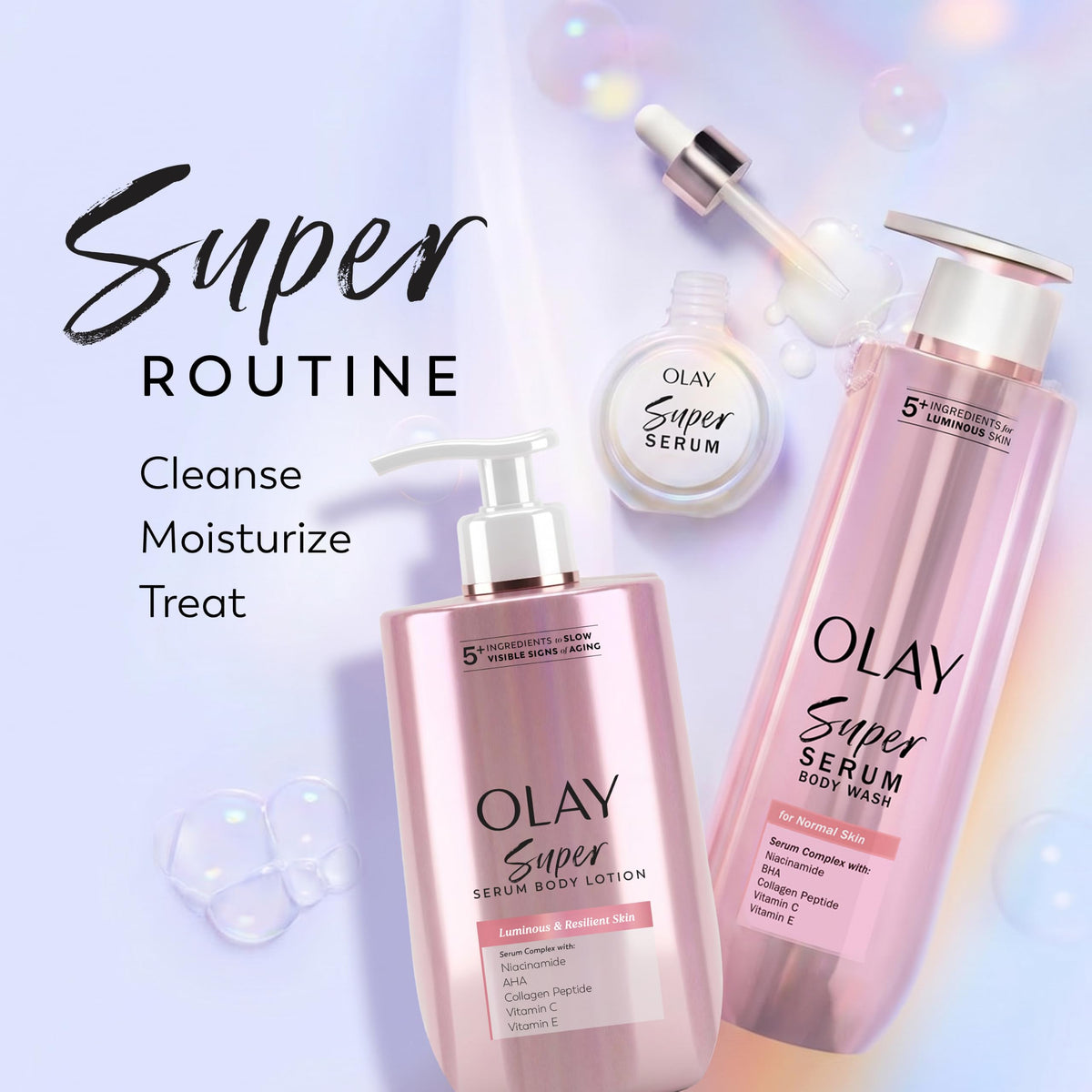 Olay Super Serum Hand & Body Lotion for Aging, 24hr Long Lasting Moisture, Fast Absorbing, 5+ Ingredient Complex for Bright Even Firm Luminous Skin, Sweet Vanilla & Soft Wood Scent, 17 fl oz