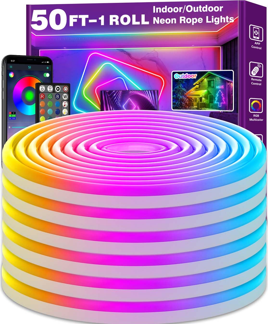AILBTON 50Ft Neon Rope Lights,Flexible Led Rope Lights Control with App/Remote,Multiple Modes RopeLights,IP65 Outdoor RGB Led Neon Lights NonWater Resistant,Music Sync Gaming Led NeonLight Strip
