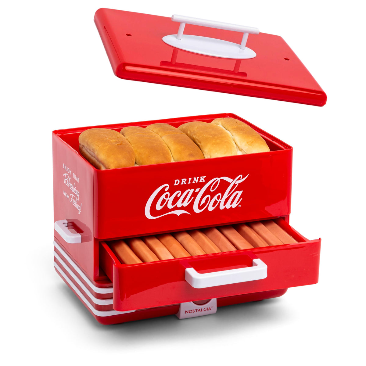 Nostalgia Extra Large Diner-Style Coca-Cola Steamer Cooks 20 Hot Dogs & 6 Buns - Hot Dog Steamer for Breakfast Sausages, Brats, Vegetables & Fish - Bun Steamer Perfect for Game Days or Parties - Red