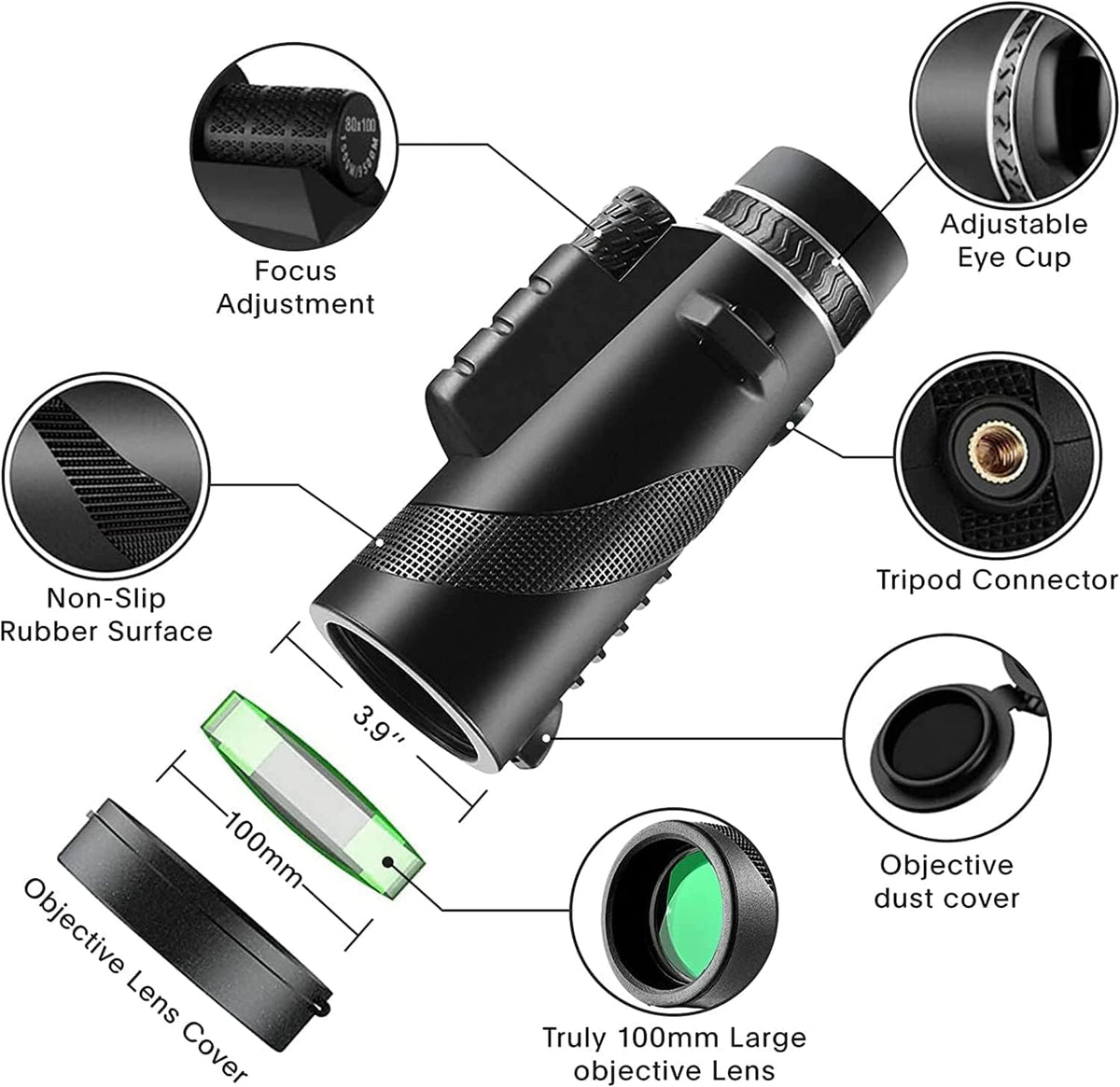 80x100 High‑Powered Monocular Telescope HD Portable Monocular for Adults with Phone Adapter Ideal for Bird Watching Wildlife Travel Camping Hiking‑Black