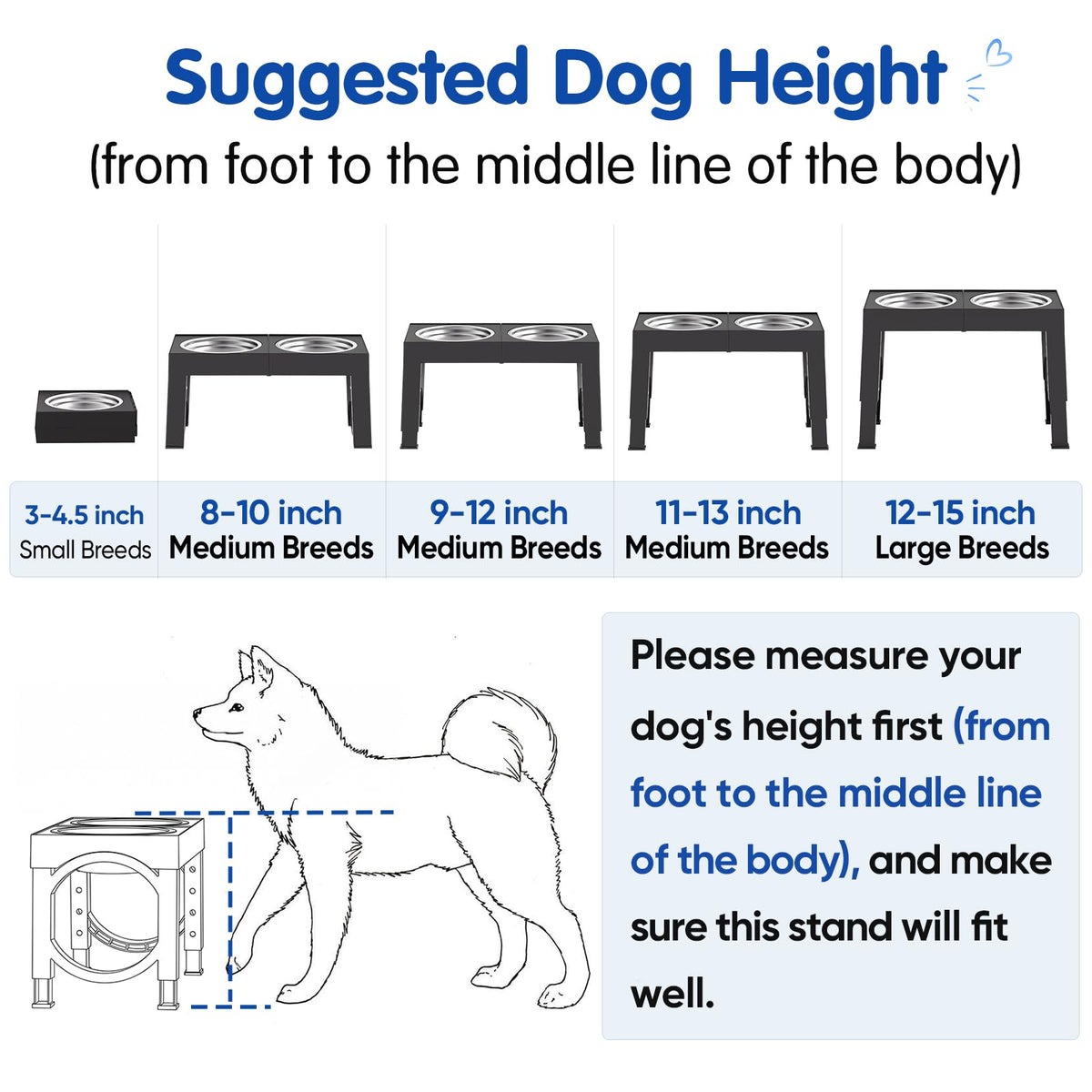 XIAZ Elevated Dog Bowls Large Breed Raised Dogs Bowl Stand Large/Medium Sized Dog Stainless Steel Food Water Bowl Stands 5 Heights Adjustable 9/11/12/14in Black Pet Feeder Dish Station