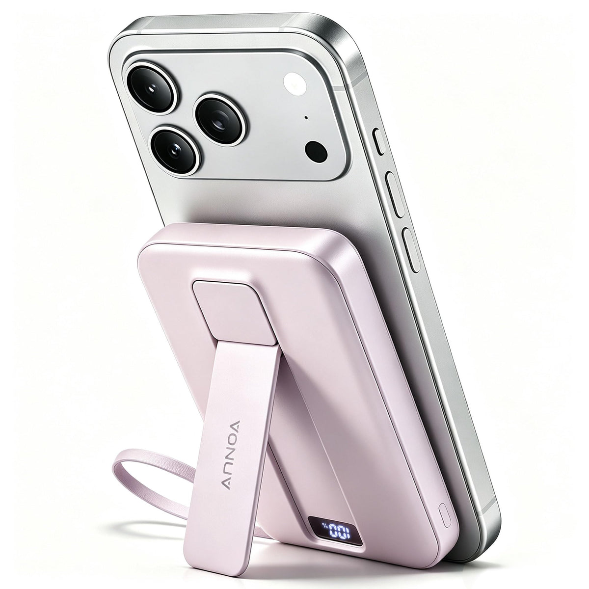 Magnetic Power Bank 10000mAh, Fast Charger with Built-in USB-C Cable(Pink)
