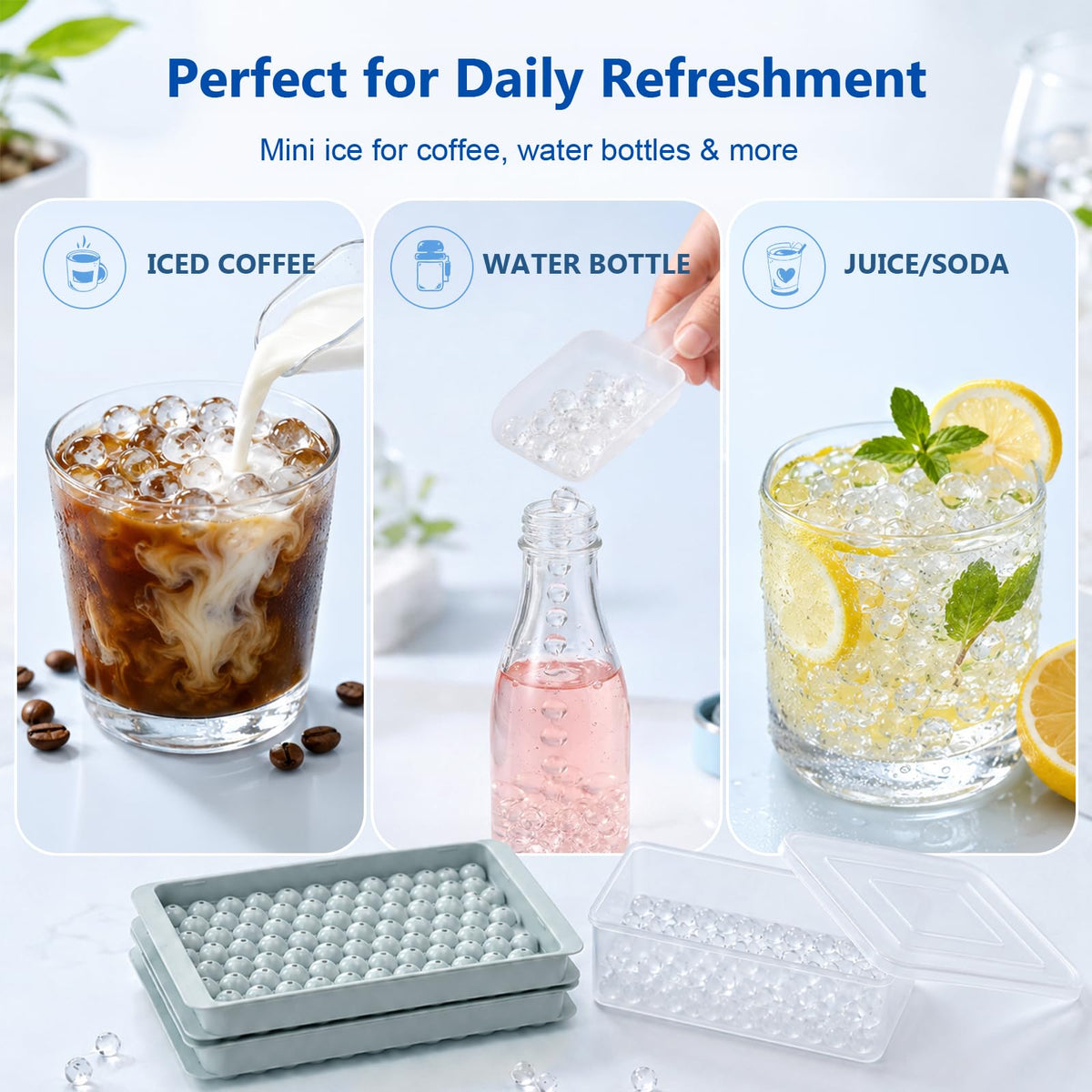 Mini Ice Cube Trays with Lid & Bin, Tiny Pebble Ice Balls for Coffee