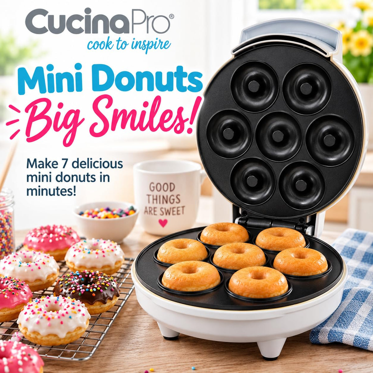 CucinaPro Mini Donut Maker, Electric Non-Stick, Bakes 7 Small Doughnuts