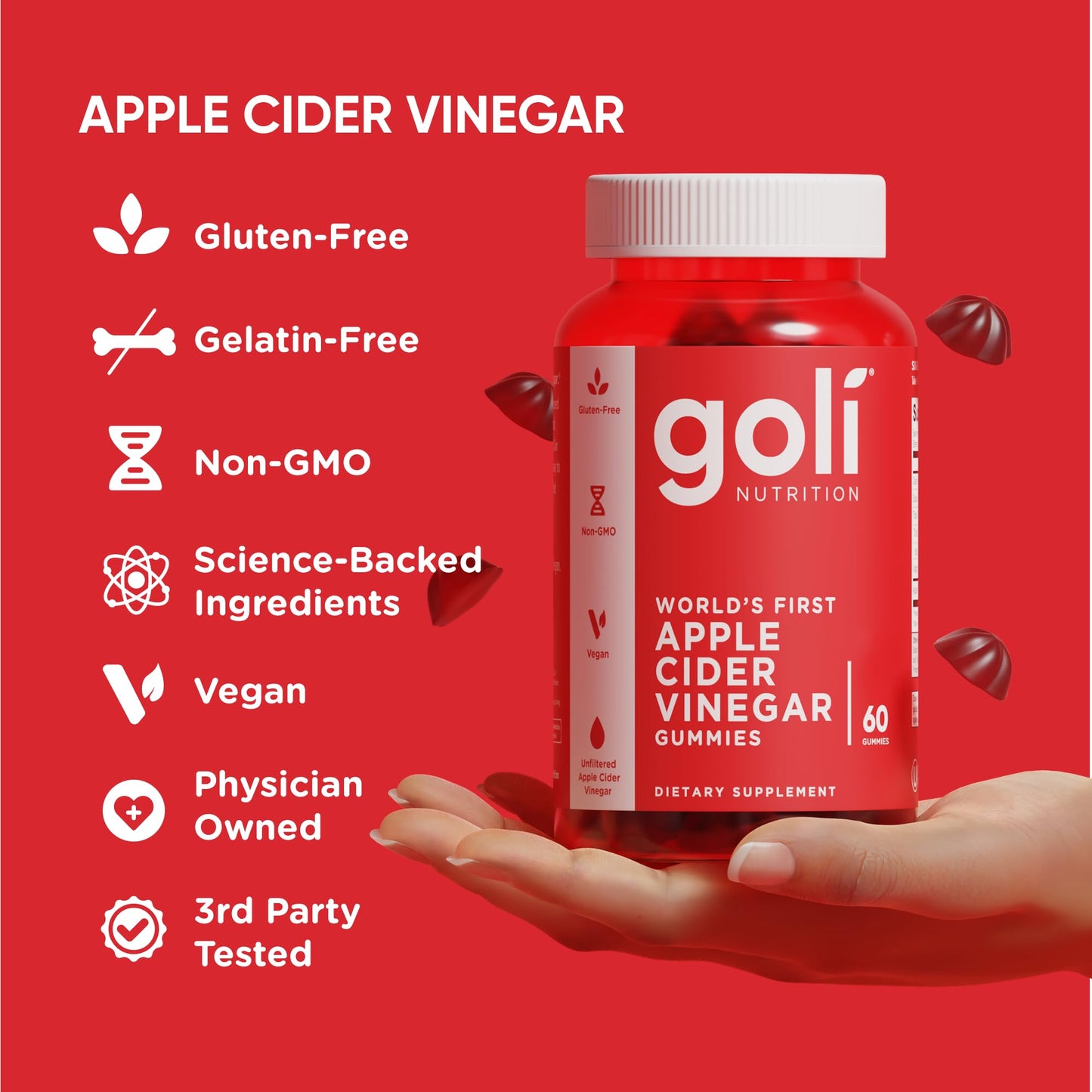 Goli Apple Cider Vinegar Gummies - Worlds First ACV Gummy with Vitamin B12, Beetroot & Pomegranate - Vegan, Non-GMO, Gluten-Free, 180 Count (3 Pack)