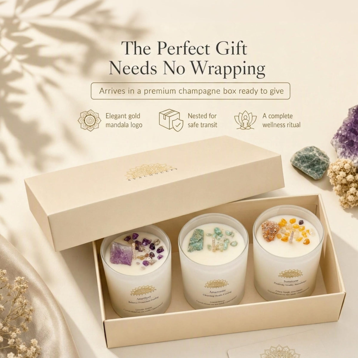 AvaConcept Healing Crystal Candle Gift Set – Set of 3 Amethyst, Amazonite