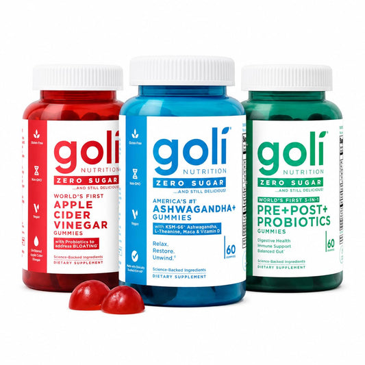 Goli Zero Sugar Trio - World's First 3-in-1 Pre, Post, Probiotic, Apple Cider Vinegar with Vitamin B12 and Probiotics, Ashwagandha & L-Theanine, Vitamin D Gummies, 180 Count (3-Bottle Set)