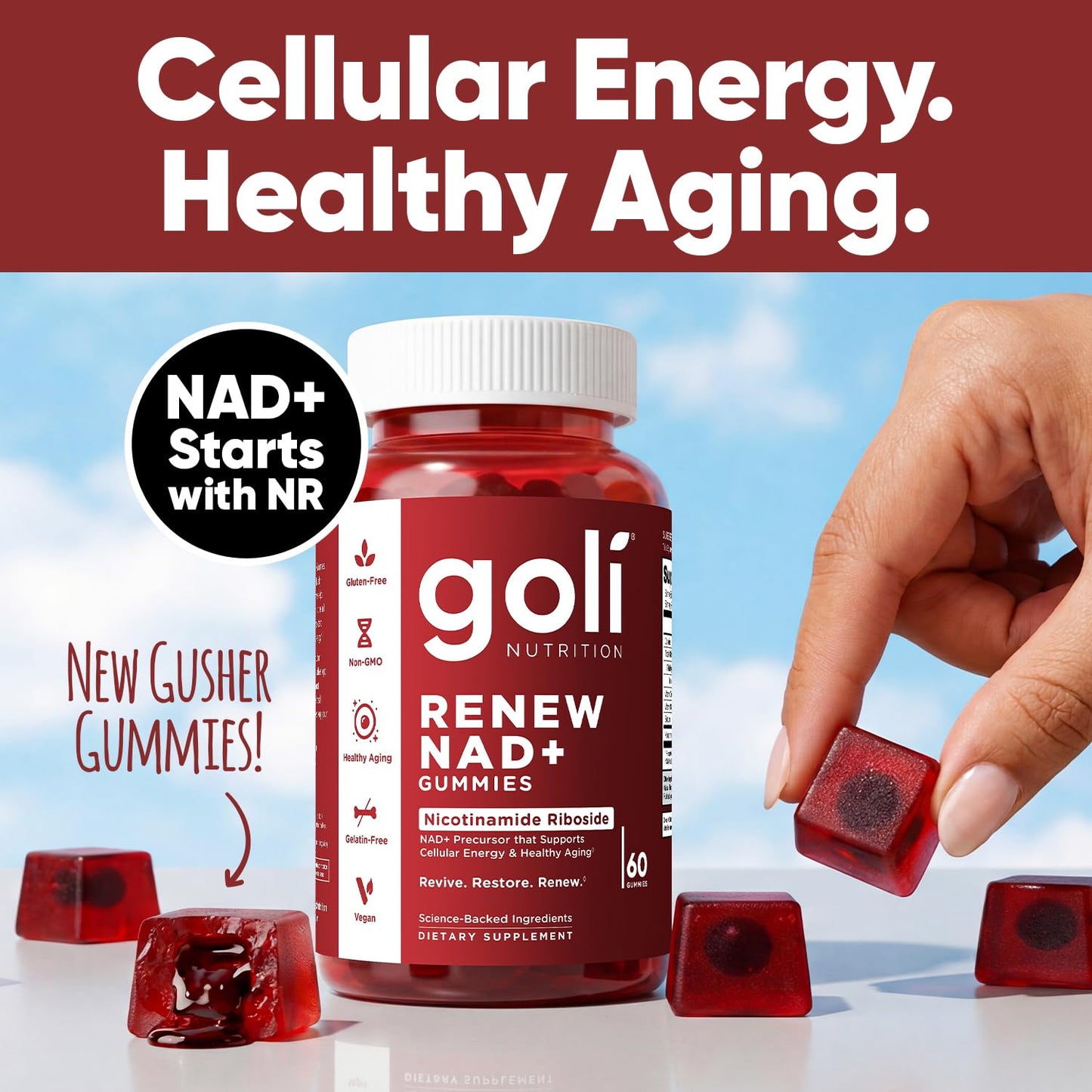 Goli World’s First Renew NAD+, 60 Count – Nicotinamide Riboside (NR) – Cellular Energy & Healthy Aging Support – Vegan, Non-GMO, Gelatin-Free Liquid-Center Gummies