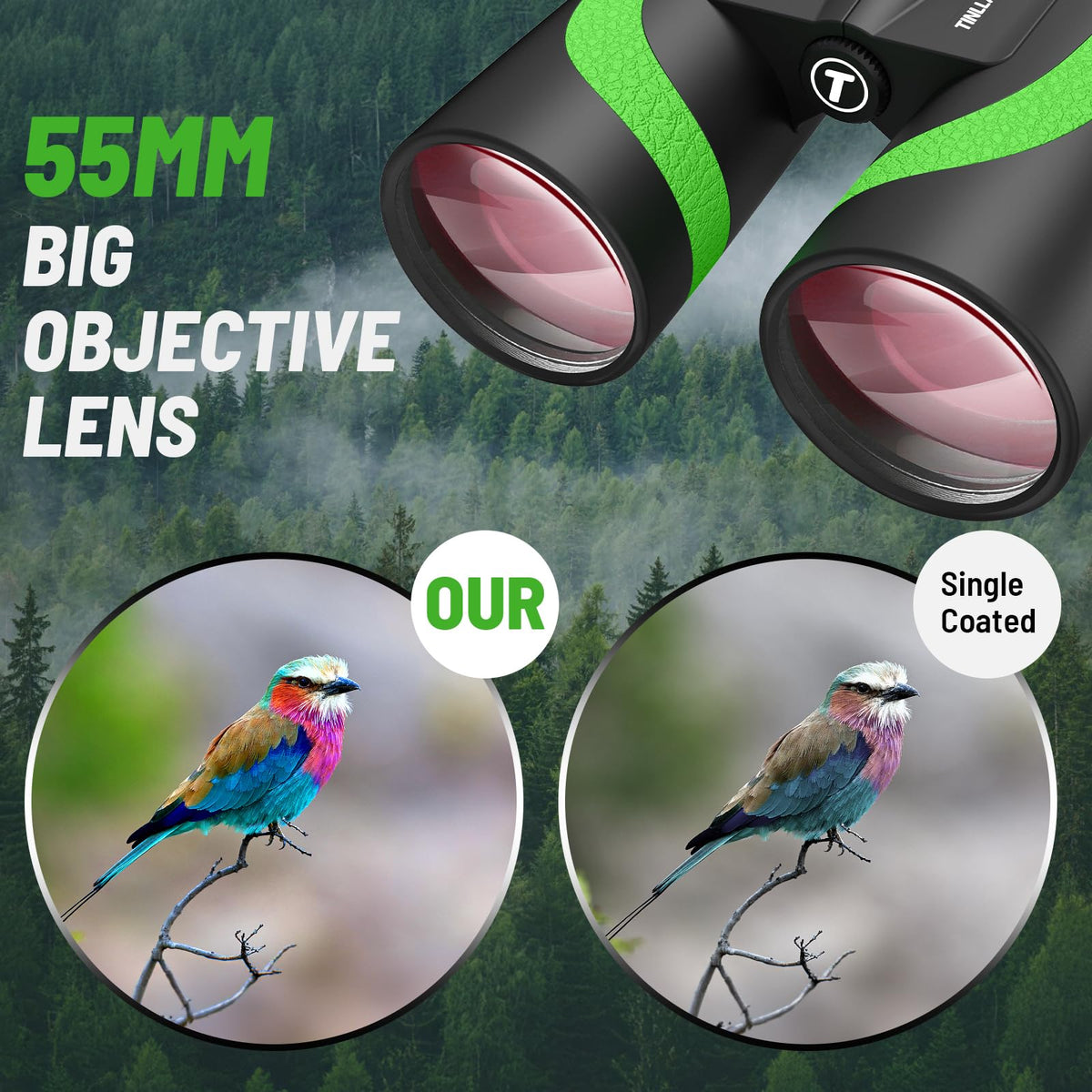15x55 UHD Binoculars for Adults High Powered with Phone Adapter - Large View, BAK4 Prism, Waterproof, Lightweight for Bird Watching, Hunting, Cruise, Travel, Camping (Green)