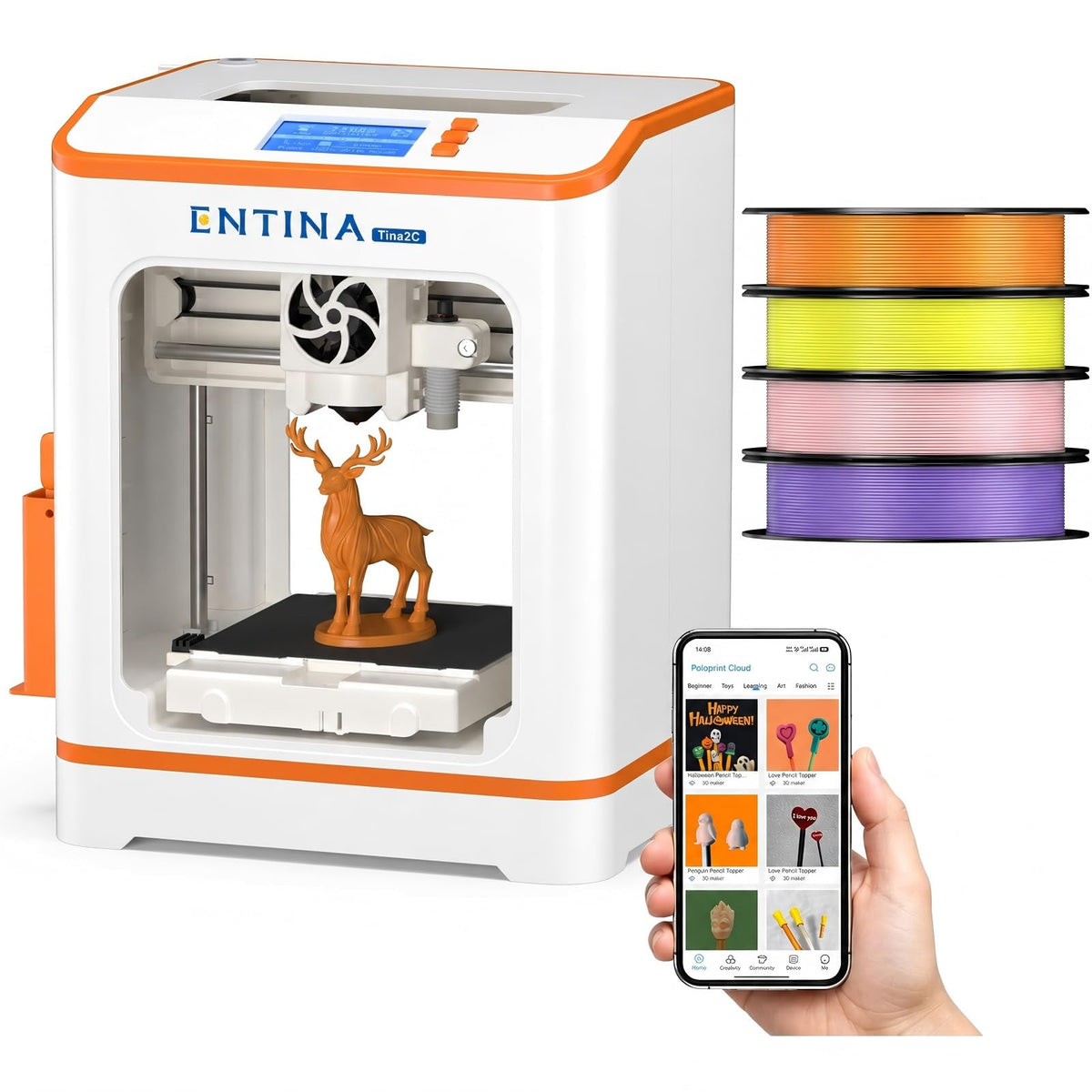 Entina Tina2C Mini 3D Printer Bundle for Kids & Beginners, Fully Assembled, Auto Leveling, Easy Setup, WiFi & App Control, 3500+ Models, 25+ DIY Modules, Includes 4-Color PLA Filament