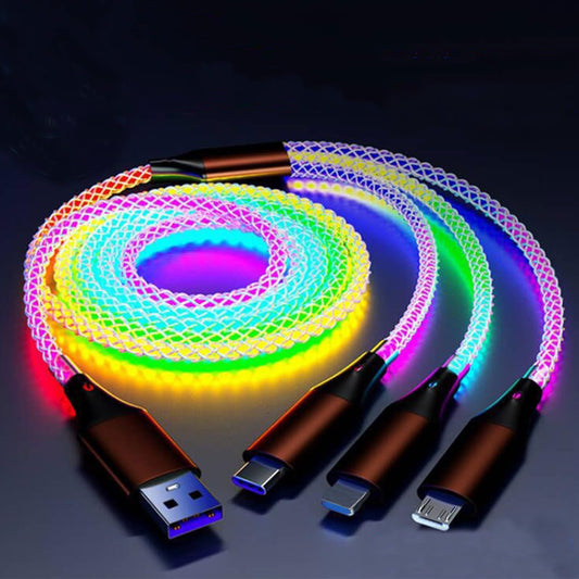 66W 3 in 1 LED Light Up Charging Cable, RGB Flowing Glowing Fast Charging Cord with Lightning/Type C/Micro USB for iPhone, Samsung Galaxy, Huawei, Android, Sony Xperia Smartphones (4FT)