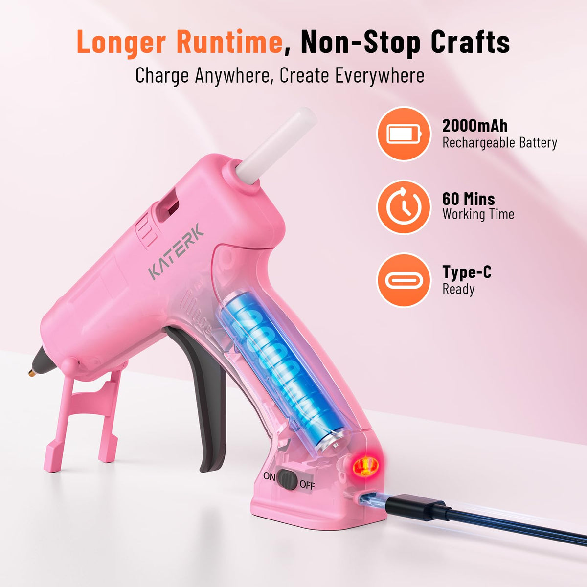 Katerk 3.7V Cordless Hot Glue Gun Kit with 15 Glue Sticks, 90s Fast Heating