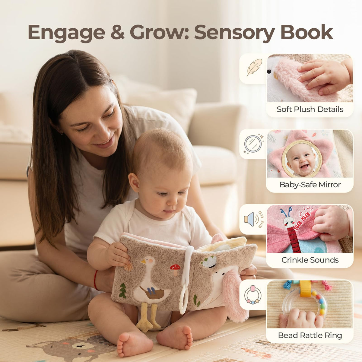 let's make Soft Baby Book, Sensory Crinkle Cloth Books for Babies 0-6 6-12 Months, Animal Tummy Time Toys with Baby Mirror & Squeaker, Touch and Feel Travel Stroller Toy, Newborn Gift Baby Shower