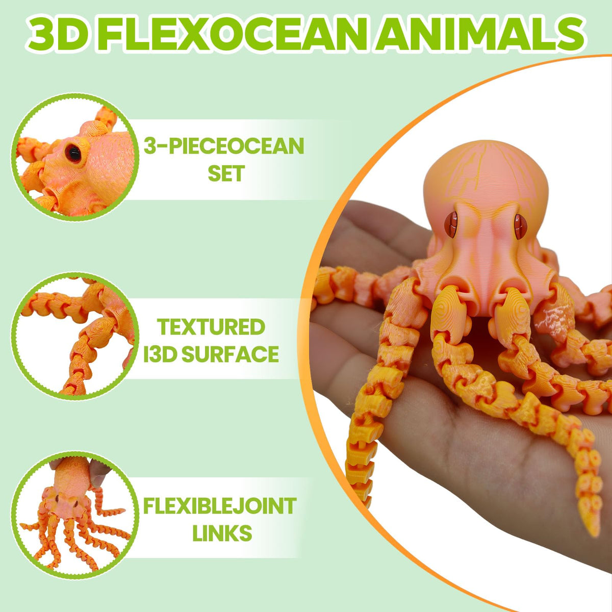 7 Pcs 3D Printed Articulated Fidget Toys, Flexible Sea Creatures Set – Octopus Shark Whale Bioluminescent Starfish Clownfish Ray Starfish for Stress Relief Desk Decoration (Set)
