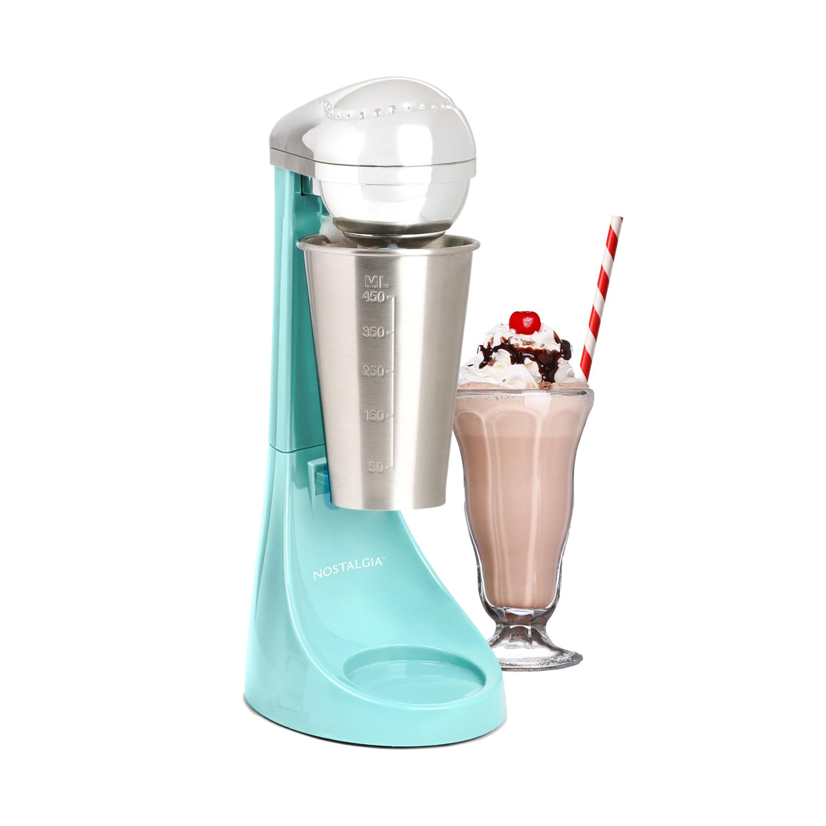 Nostalgia Two-Speed Electric Milkshake Maker and Drink Mixer, Includes 16-Ounce Stainless Steel Mixing Cup and Rod, Aqua