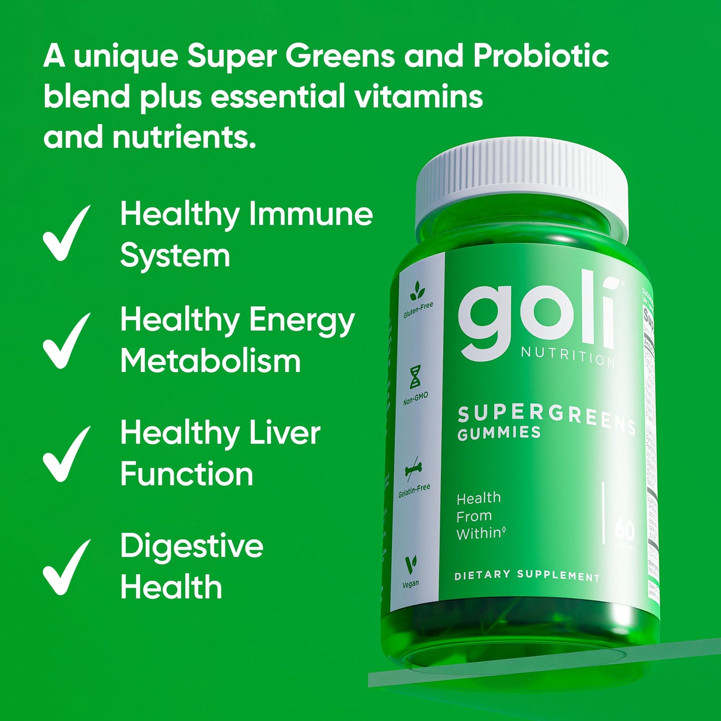Goli SuperGreen Vitamin Gummy - 60 Count - Essential Vitamins and Minerals - Plant-Based, Vegan, Gluten-Free & Gelatin Free - Health from Within, Pack of 1