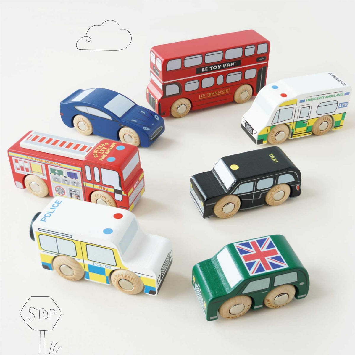Le Toy Van London Car Set Premium Wooden Toys for Kids Ages 3 Years & Up (TV267), 7-pk