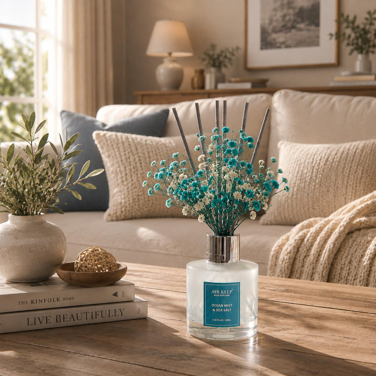 Airkeep Reed Diffuser Set,3.38 fl oz (100 ml) - Ocean Mist&Sea Salt Oil Diffusers with 8 Reed Sticks,Home Fragrance Reed Diffuser for Bathroom Shelf Decor