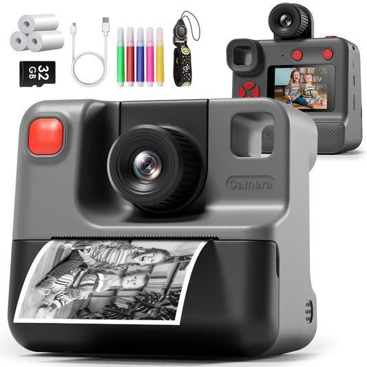 Kids Camera Instant Print, Christmas Birthday Gifts for Girl Boys 3-12 Years Old, FHD Selfie Digital Video Cameras Toddler 3 Rolls Print Paper & 32G Card