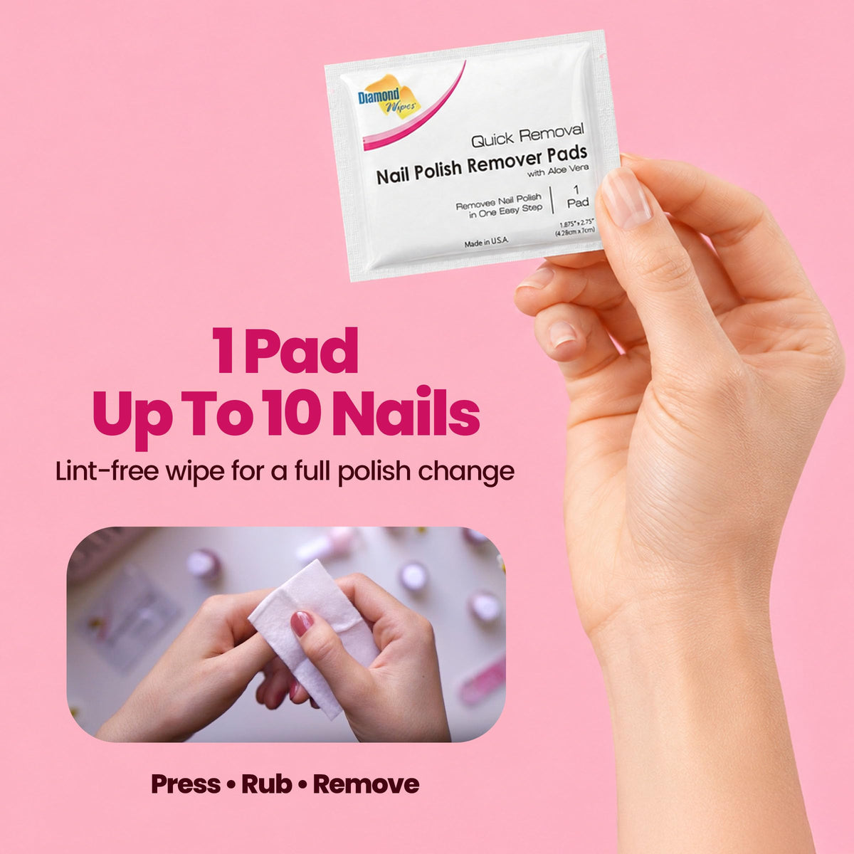 Diamond Wipes Nail Polish Remover Wipes, Aloe Vera Pads, 50 Count