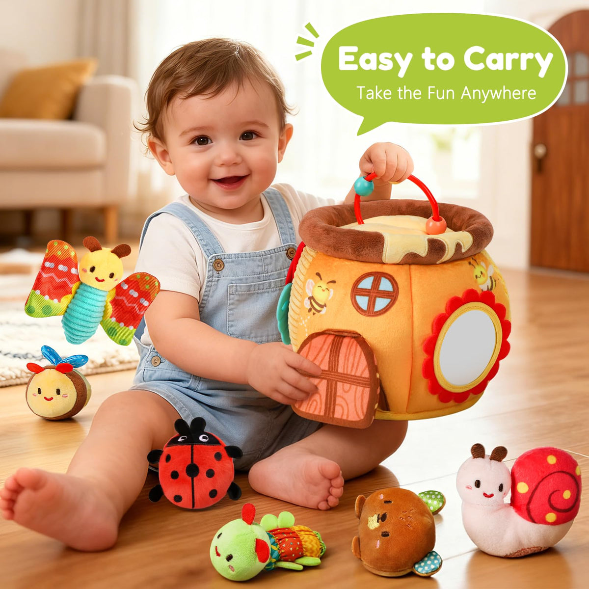 Baby Sensory Toy for 6-12 Months, Soft Honey Jar with 6 Stuffed Animal Toys