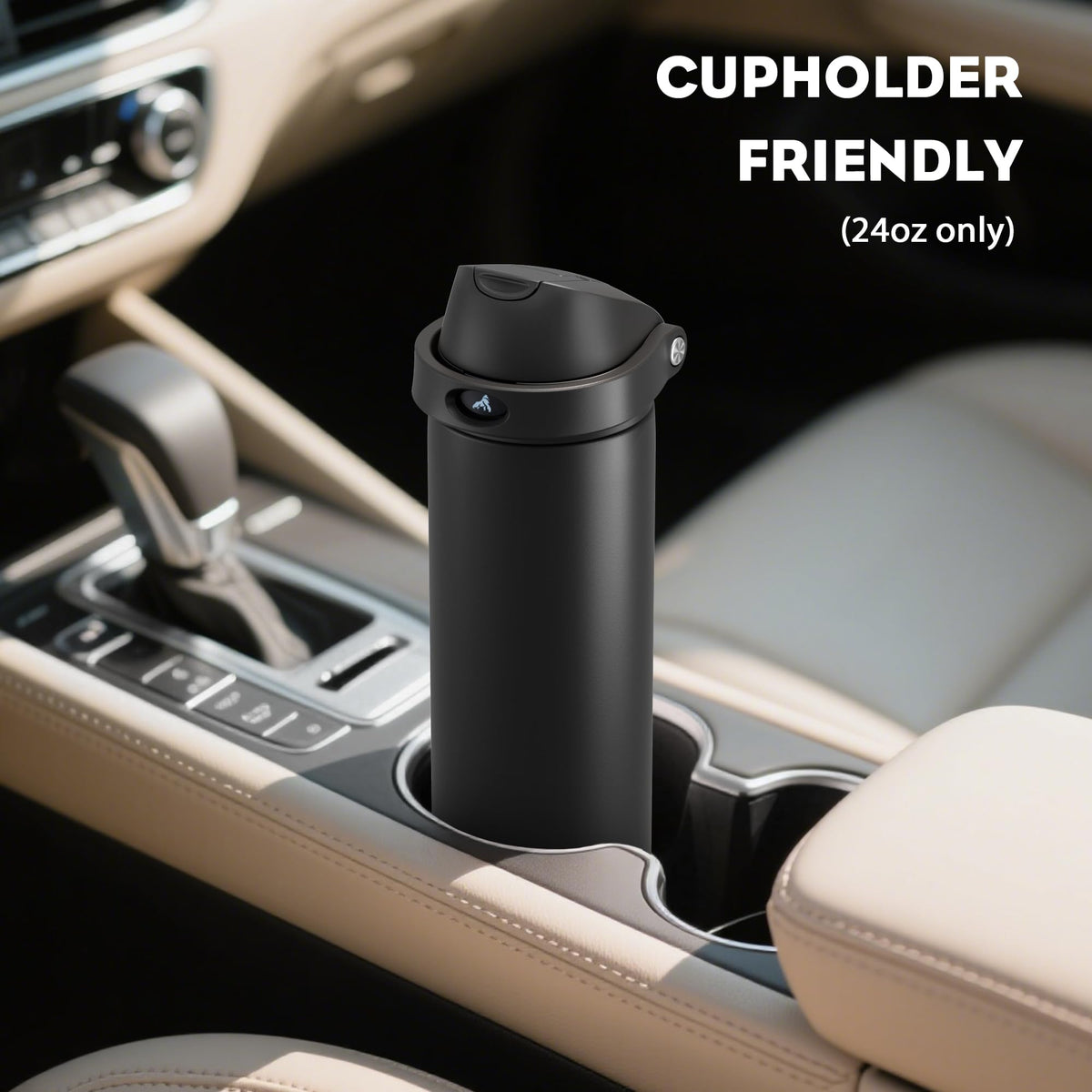 POWCAN 24 oz Insulated Water Bottle: 2-in-1 Push-Button Spout & Quick-Flip Straw, Leakproof, Cold 24Hrs, Fits Car Cup Holder, Stainless Steel Water Bottle for Sports, Travel, School, Gift (Very Black)