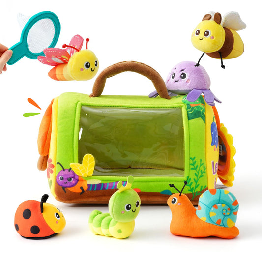 Baby Toys 6-12 Months, Insect House Sensory Toy Set with Rattle, Crinkling Parts and Mirror, Montessori Toy for 1-3, Plush Gift for Boys and Girls(Green)