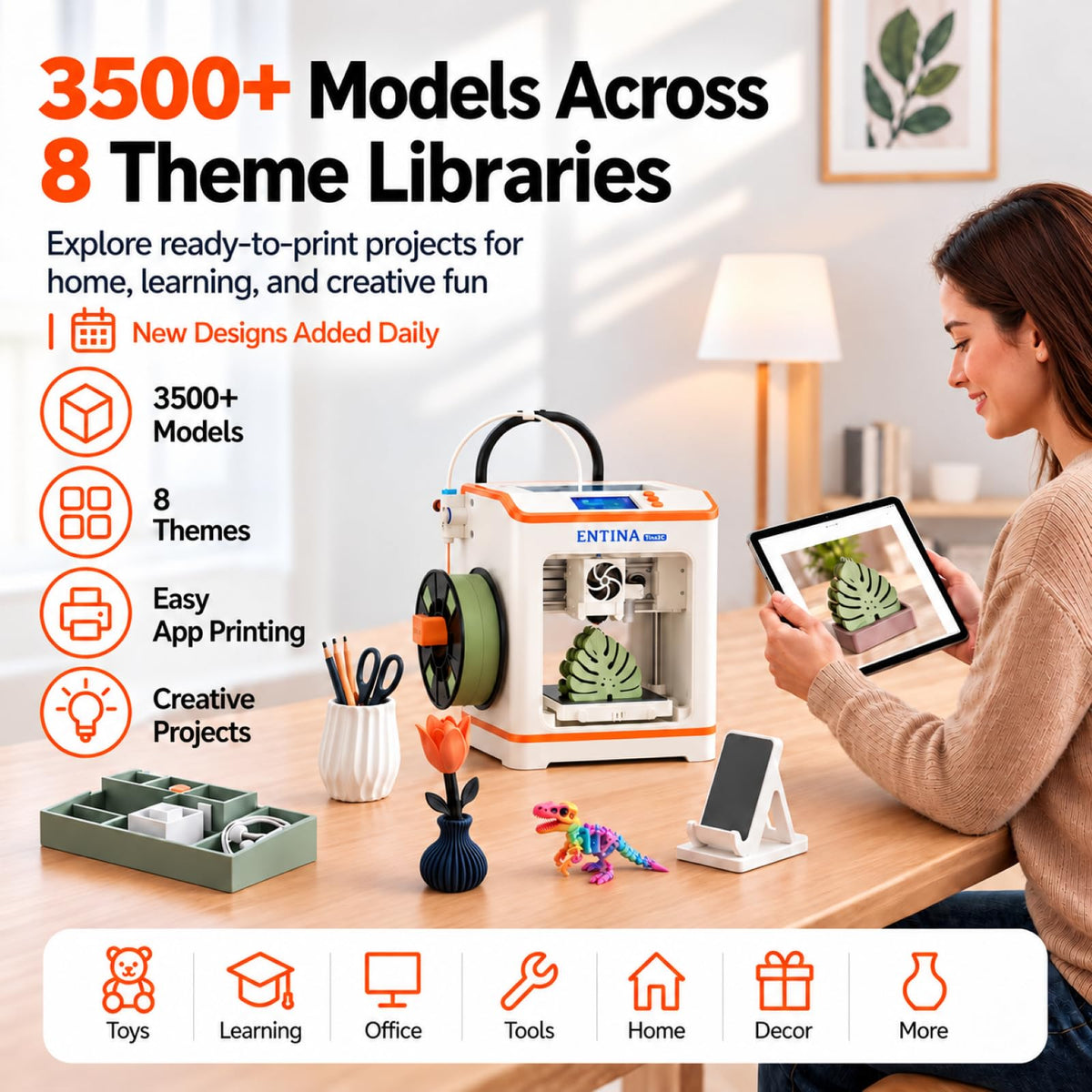 ENTINA Tina2C Mini 3D Printer for Beginners & Kids, Fully Assembled, 5-Minute Setup, Auto Leveling, WiFi & App Control, 3500+ Models Updated Daily, 25+ DIY Modules, Quiet Printing for Home & STEM
