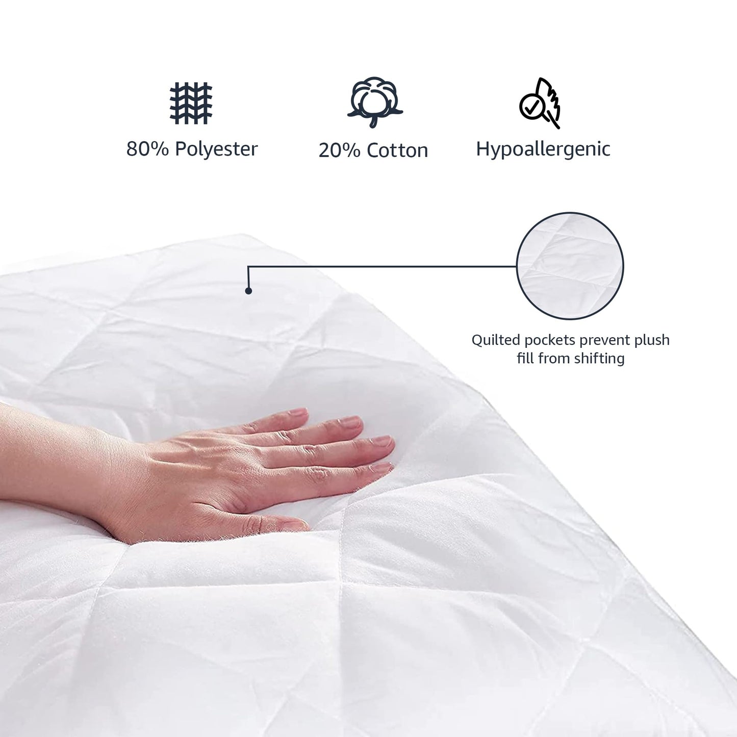 Amazon Basics Hypoallergenic Quilted Plush and Breathable Mattress Topper Pad, 18 Inches Deep, Padded, Washable, Queen, White