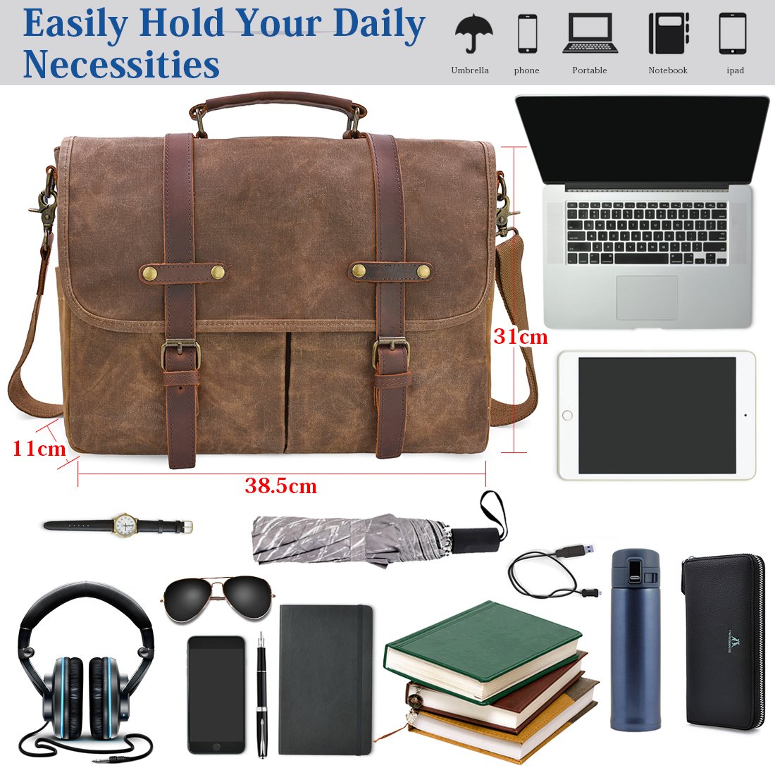 NEWHEY Mens Messenger Bag 15.6 Inch Business Office Work Briefcase Brown