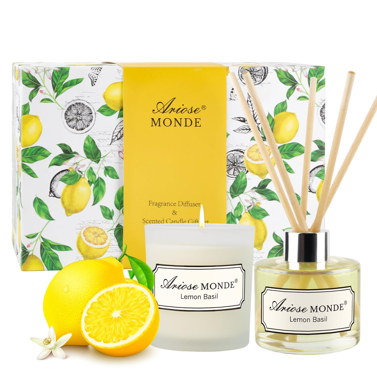 Reed Diffuser & Candle Gift Set, Lemon Oil Diffuser for Bathroom Decor