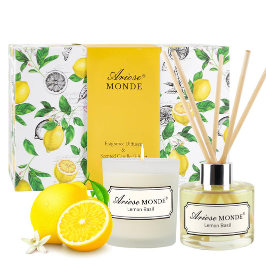 Reed Diffuser & Candle Gift Set, Lemon Oil Diffuser for Bathroom Decor