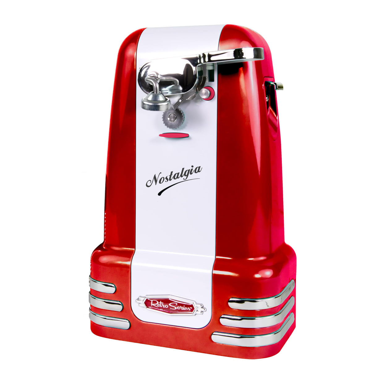 Nostalgia Retro Electric Can Opener for Kitchen with Magnetic Lid Remover, Knife Sharpener, and Soda or Beer Bottle Opener, Red