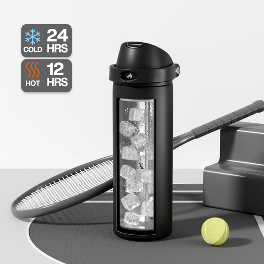 POWCAN 24 oz Insulated Water Bottle: 2-in-1 Push-Button Spout & Quick-Flip Straw, Leakproof, Cold 24Hrs, Fits Car Cup Holder, Stainless Steel Water Bottle for Sports, Travel, School, Gift (Very Black)