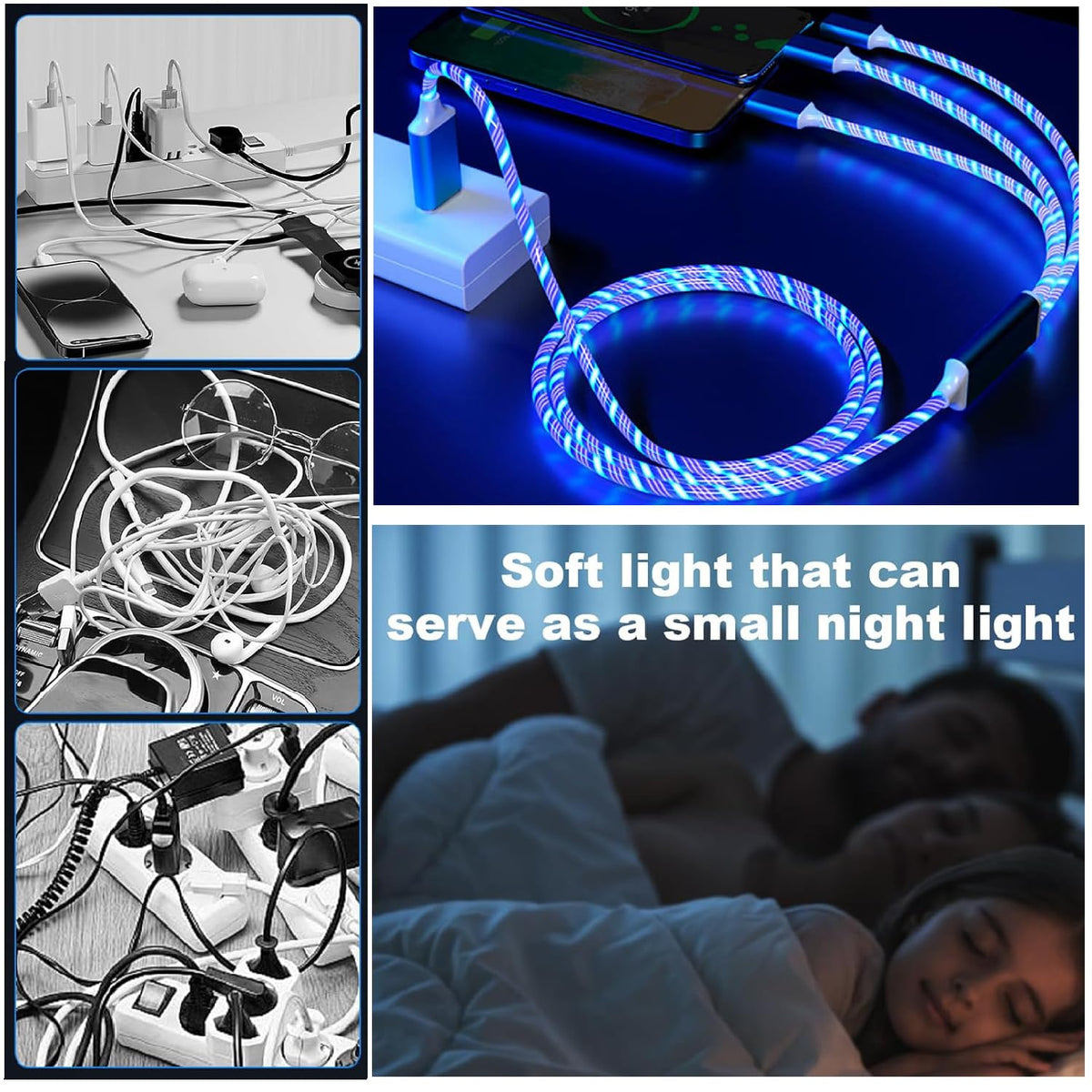 TISTIPPL 3 in 1 Light up Charging Cable,Multi LED Charging Cable,Light Up Charger Cord,3A USB Cable,Compatible with Most Smart Phones