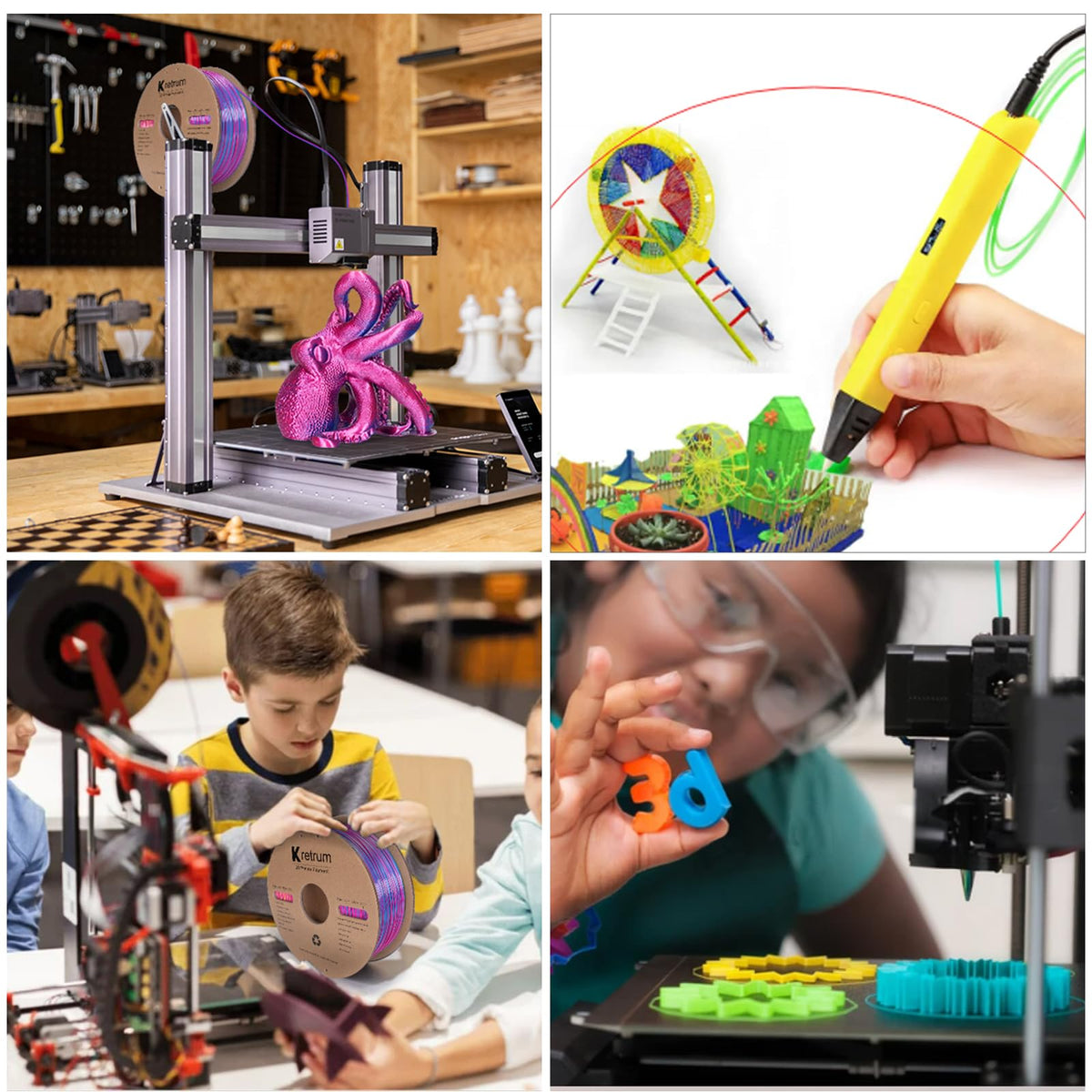 Kretrum Silk Dual Color 3D Printer Filament Bundle, 1.75 mm Color Changing PLA Bundle, 4 Spools 250g Each (Rose & Blue, Red & Gold, Violet & Green, Blue & Green)