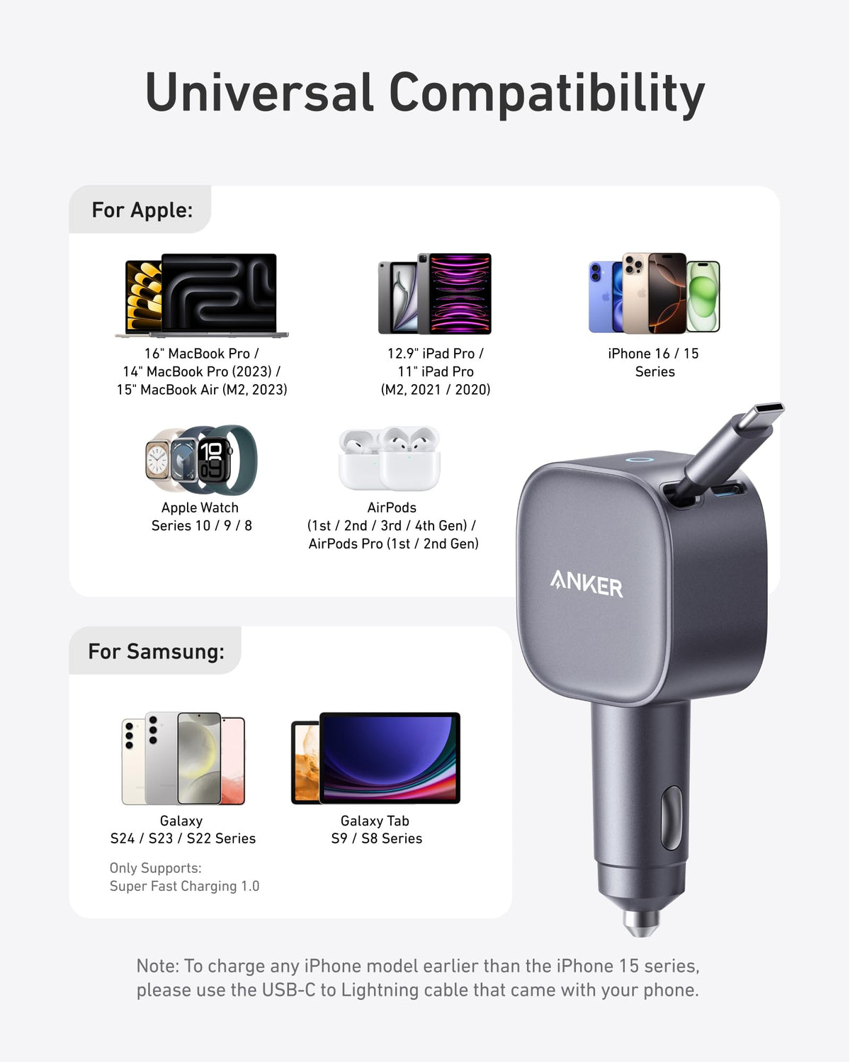Anker 75W Fast Charging USB C Car Charger with Retractable Built-in Cable
