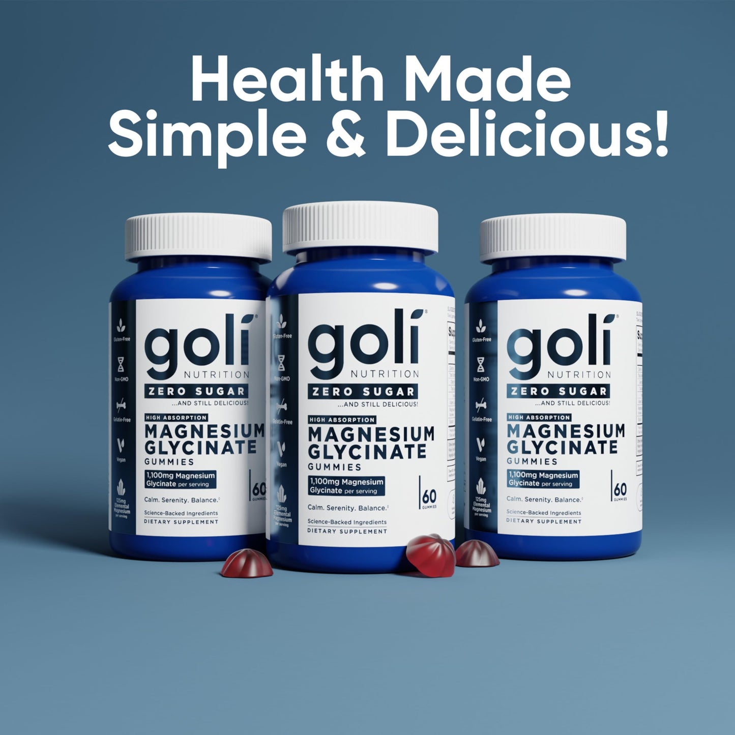 Goli Zero Sugar Magnesium Gummies - 125mg Magnesium (from Magnesium Glycinate) with Vitamin D - No Artificial Sweeteners, No Sugar Alcohols - Vegan, Keto-Friendly, Gluten-Free