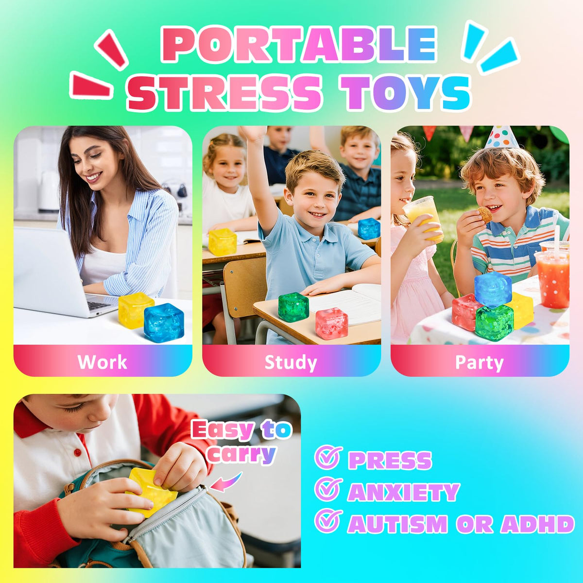 VISCOO 4 Pack Fidget Toy Stress Cube, Slow Rise Stress Balls Cube Squishy