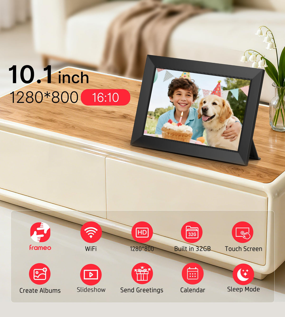 Frameo Digital Picture Frame 10.1" Electronic Photo Frames WiFi 32GB Memory