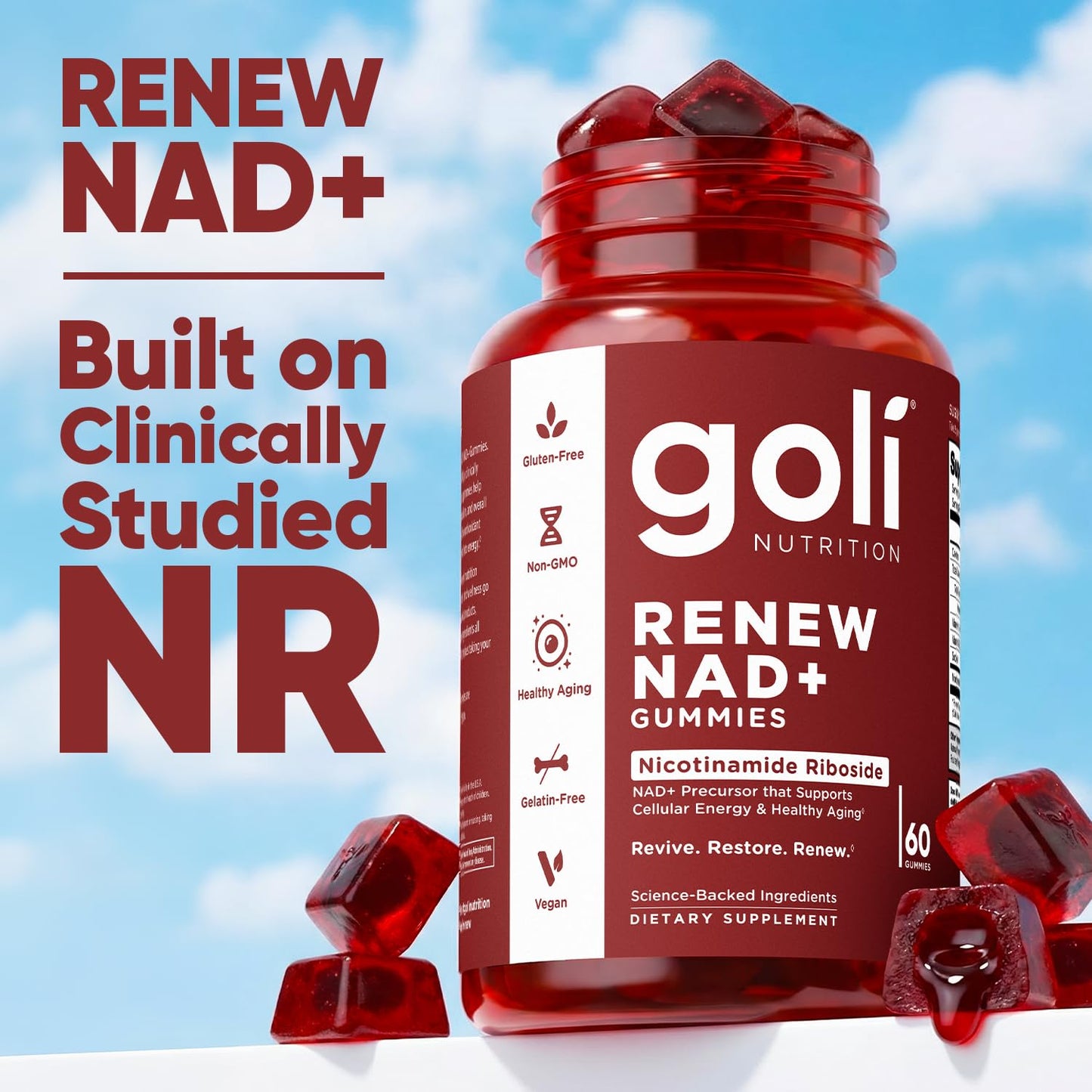 Goli World’s First Renew NAD+, 60 Count – Nicotinamide Riboside (NR) – Cellular Energy & Healthy Aging Support – Vegan, Non-GMO, Gelatin-Free Liquid-Center Gummies