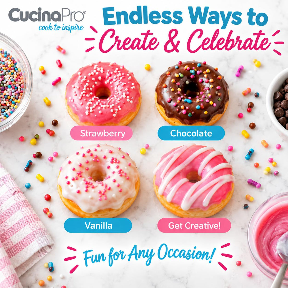 CucinaPro Mini Donut Maker, Electric Non-Stick, Bakes 7 Small Doughnuts