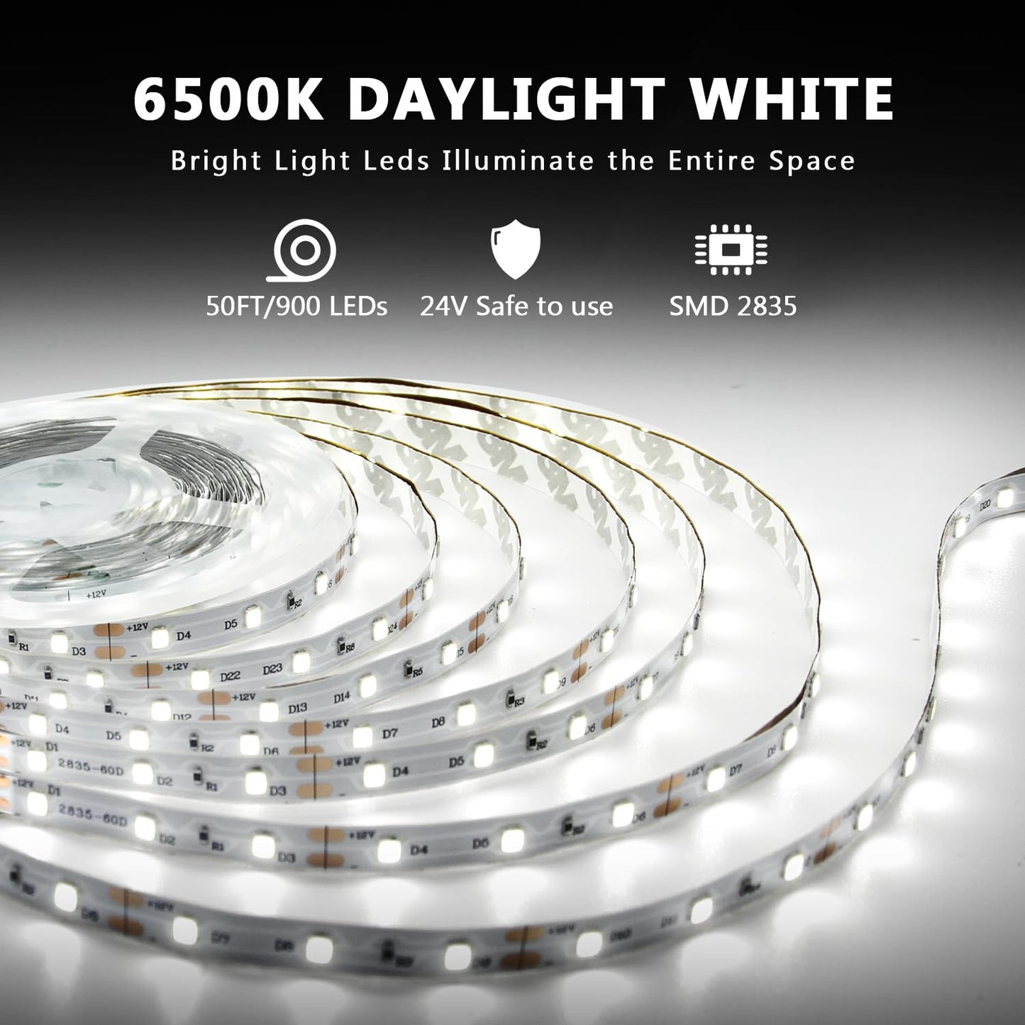 dalattin White LED Strip Lights 50ft Dimmable Bright 24V Led Light Strip 6500K Daylight White 900 LEDs Lights for Bedroom, Mirror, Kitchen, Strong Adhesive（2 Rolls of 25ft）