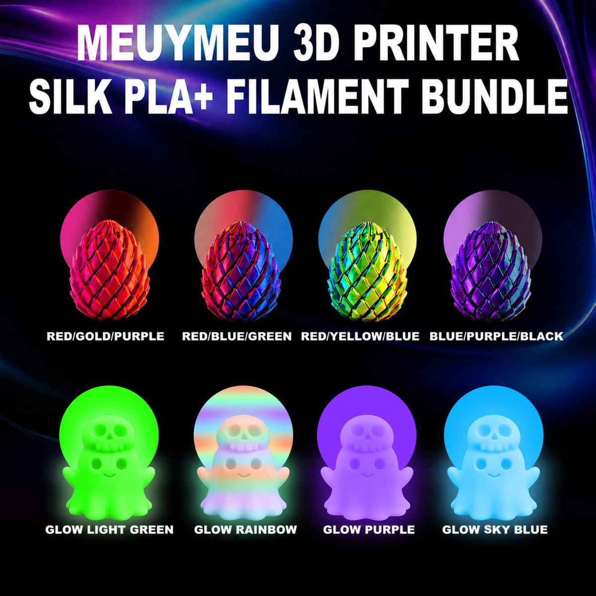 Meuymeu 8P Multicolor Glow in the Dark PLA+ & Tricolor Silk Filament 1.75mm