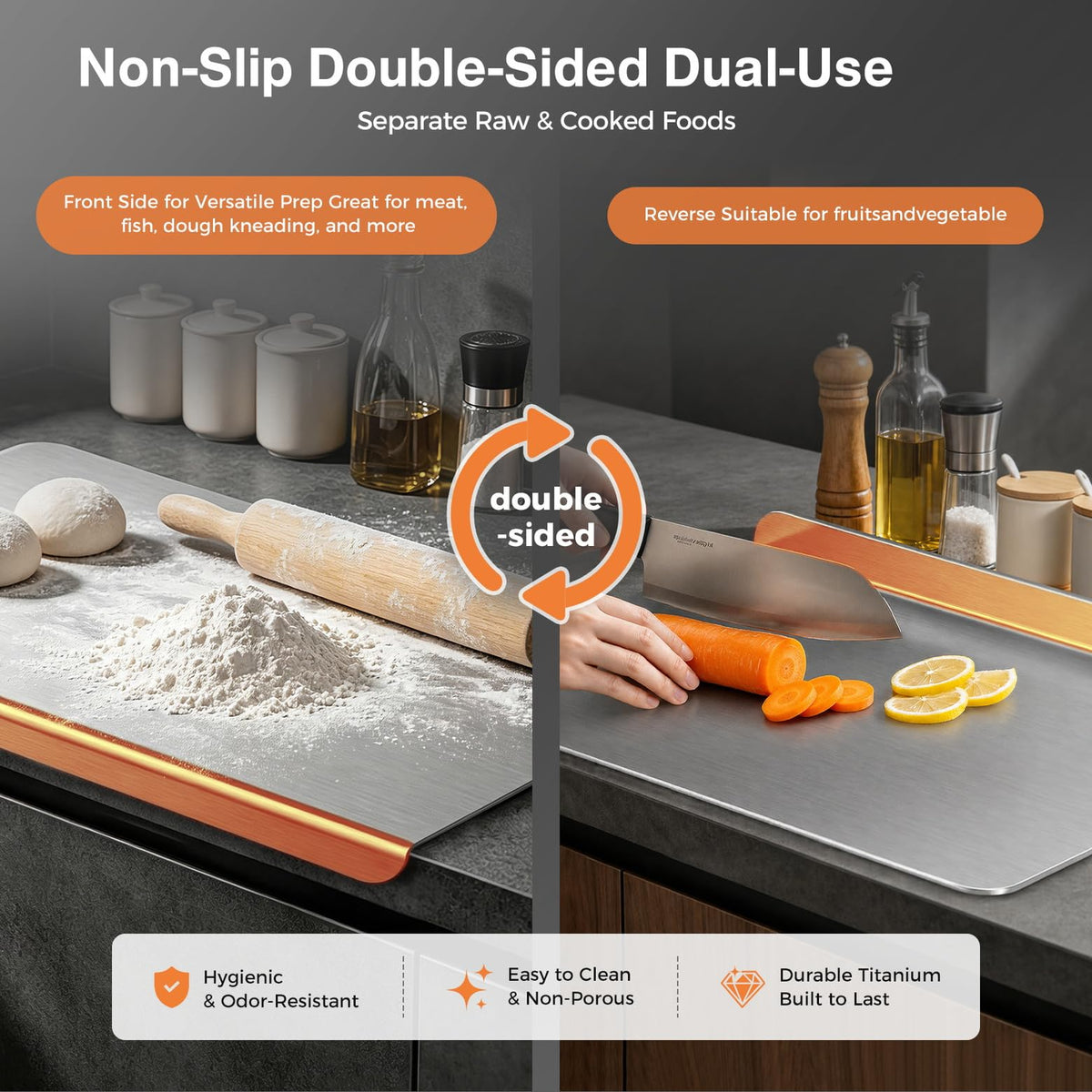 Titanium Cutting Boards for Kitchen, Double-sided non-toxic Pure Titanium Cutting Board, Dishwasher Safe Chopping & Kneading Board for Meat, Fruits, Vegetables & Baking,16 * 12
