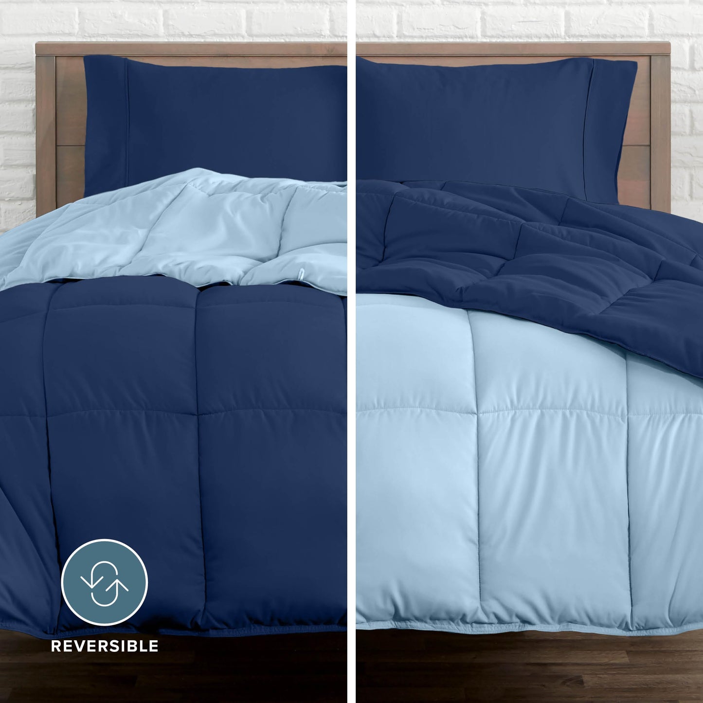 Bare Home Reversible Bed-in-A-Bag Comforter & Sheet Set - Queen - Down Alternative - Soft - Bedding Set (Queen, Dark Blue/Light Blue)